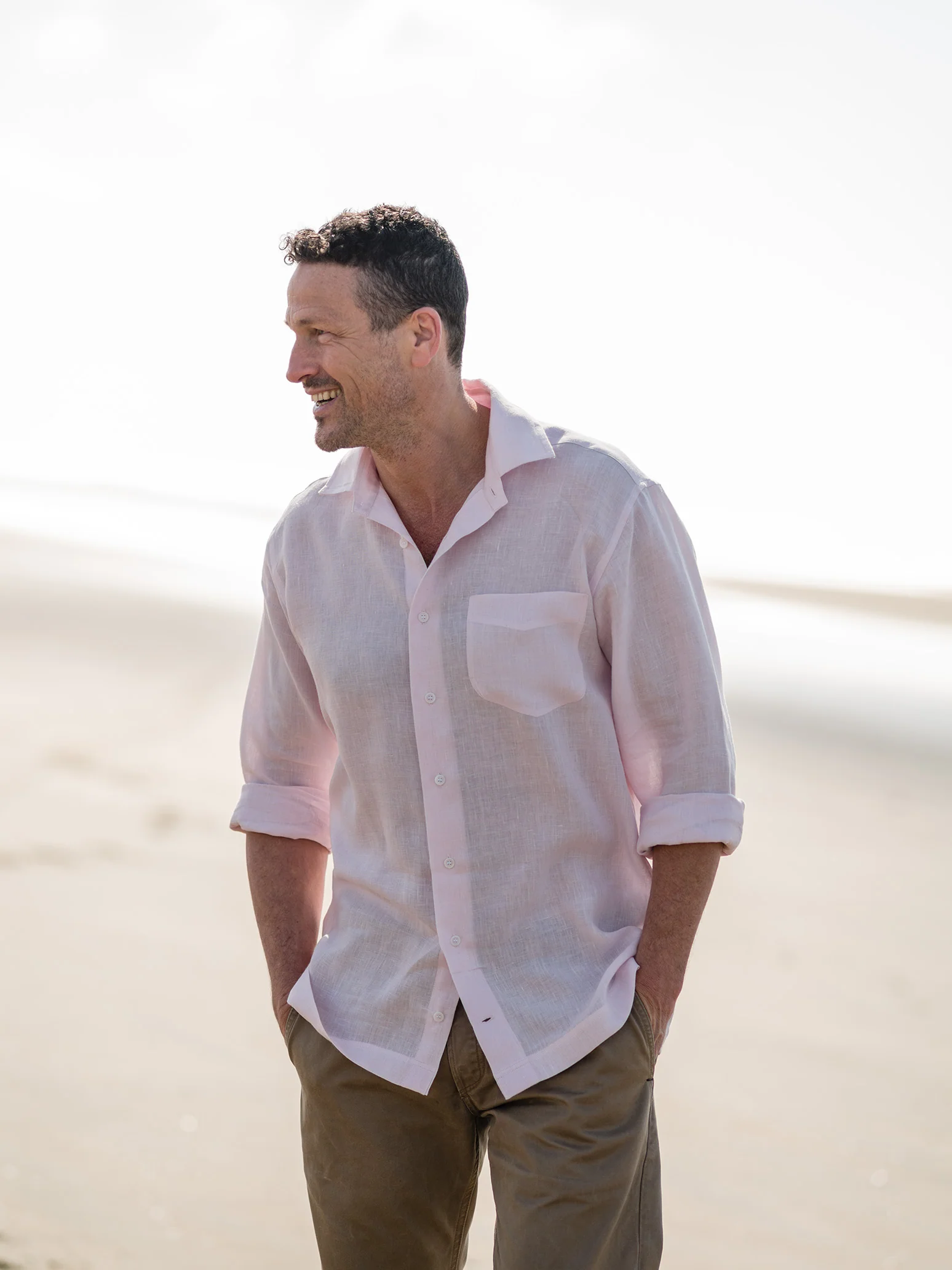 Casual Fit Plain Linen Button Cuff Shirt in Pink - Image 4