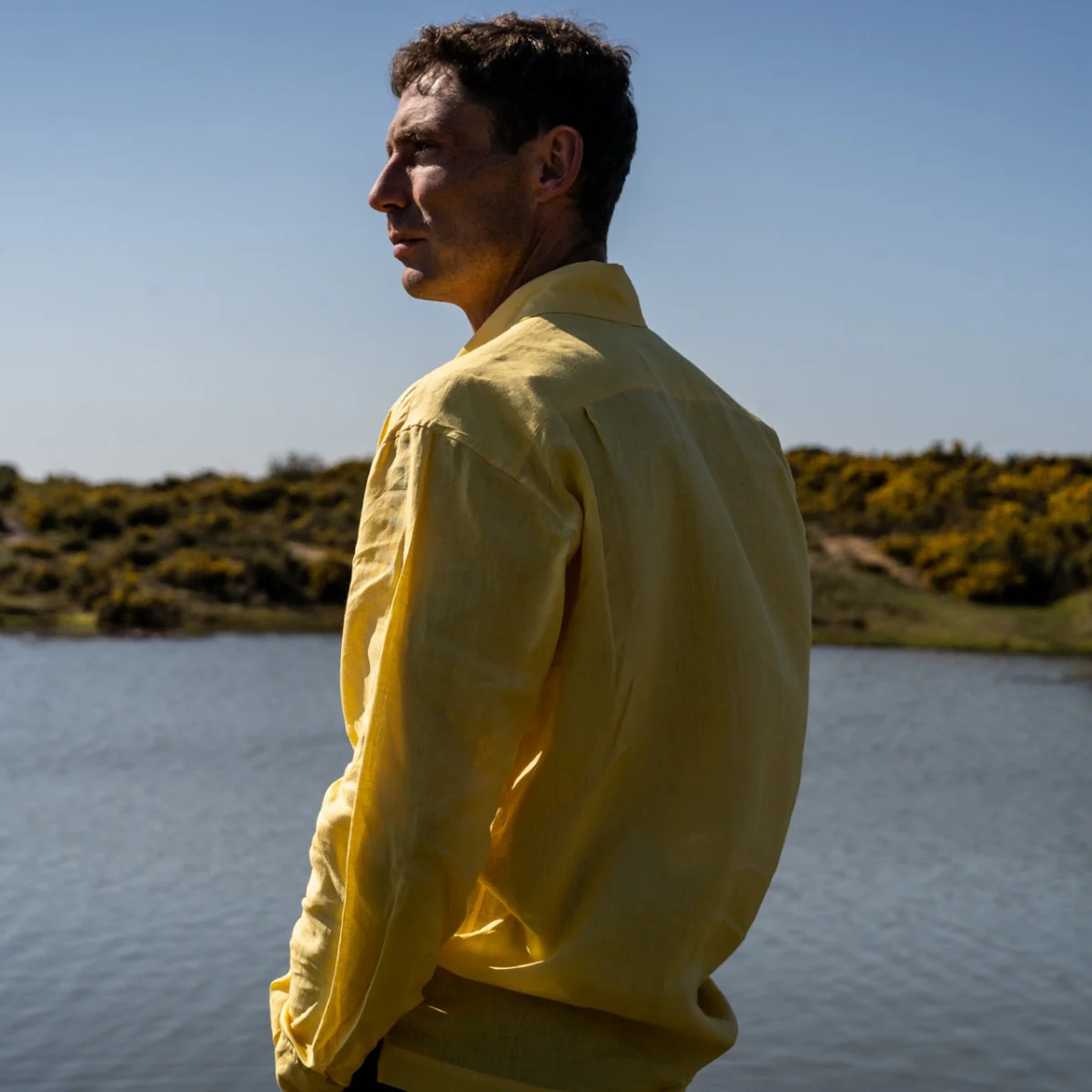 Casual Fit Plain Linen Button Cuff Shirt in Yellow - Image 4