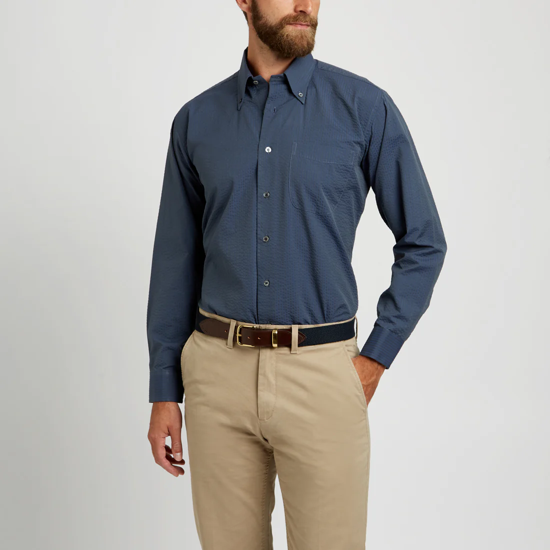 Casual Fit Seersucker Button Cuff Shirt in Navy - Image 5
