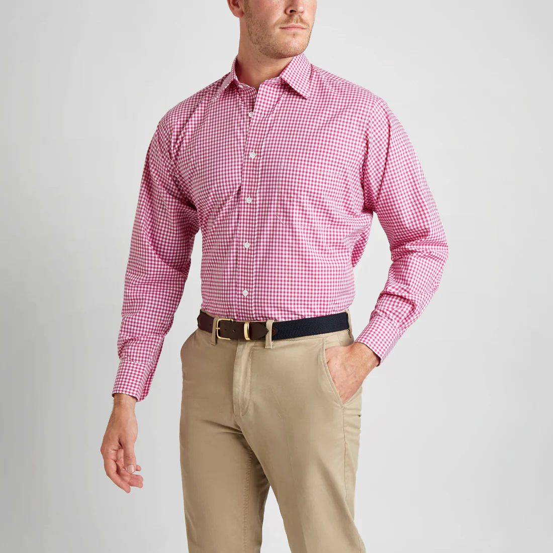 Classic Fit Check Zephyr Button Cuff Shirt in Magenta - Image 5