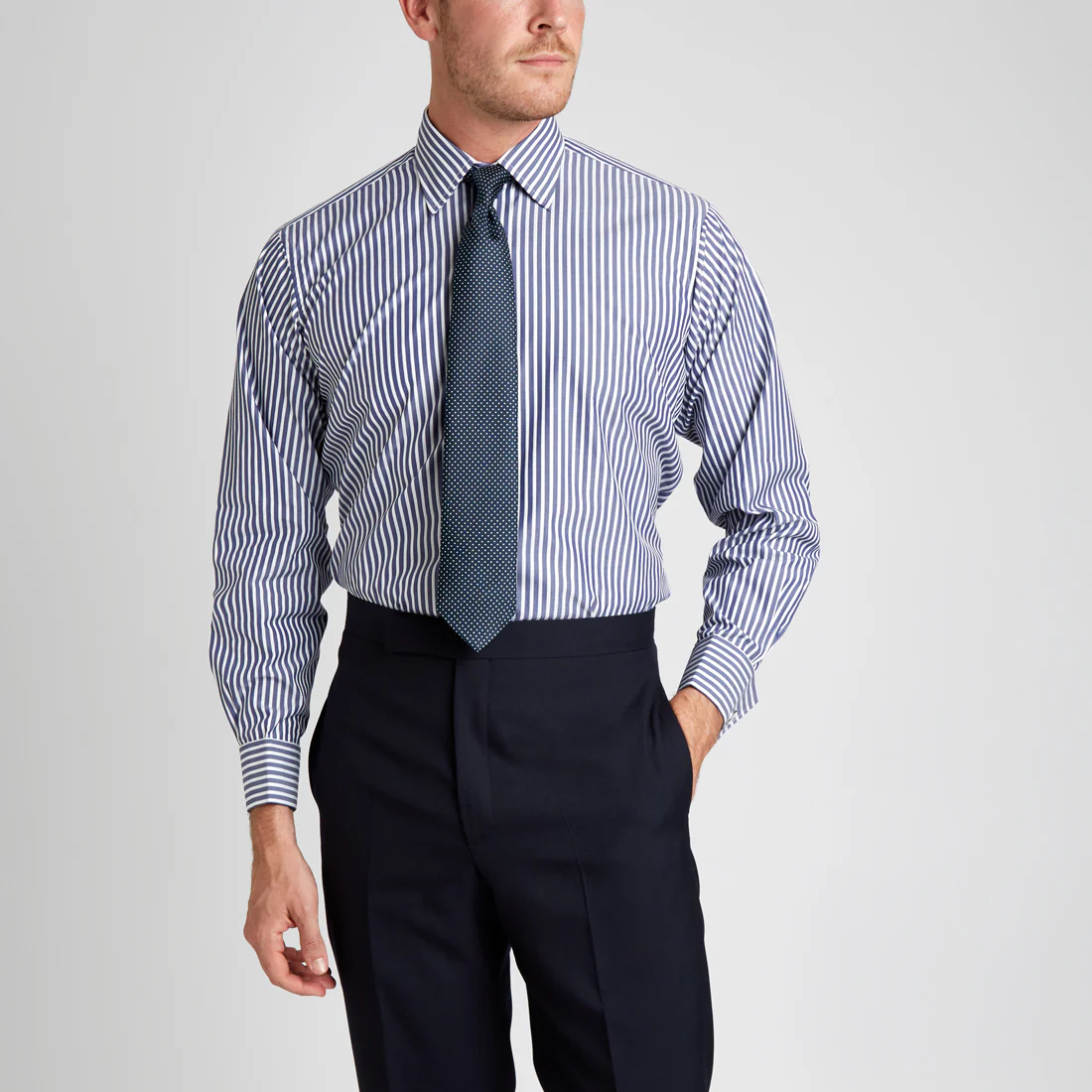Classic Fit Exclusive Budd Stripe Double Cuff Shirt in Navy - Image 7
