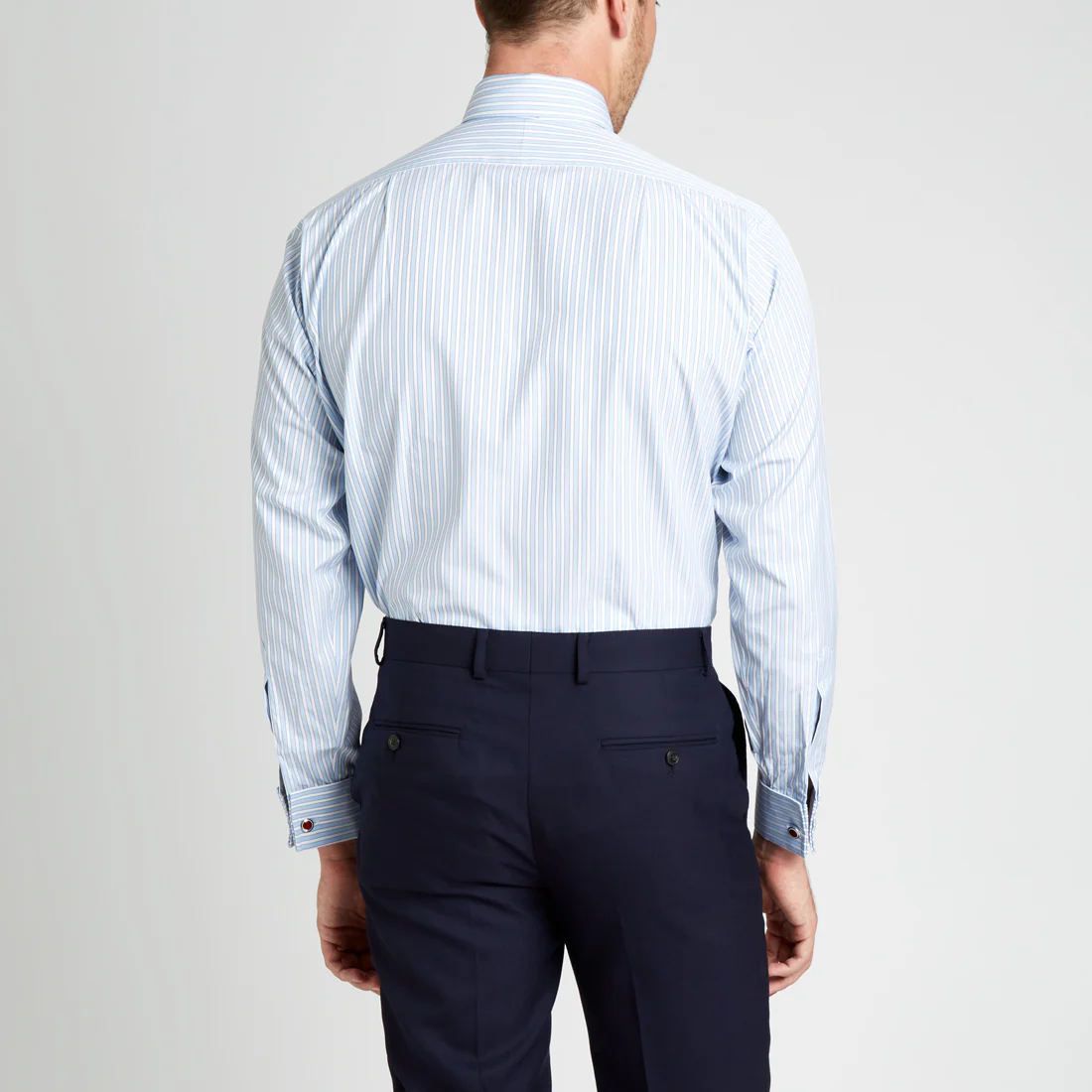 Classic Fit Exclusive Budd Stripe Double Cuff Shirt in Sky Blue - Image 7
