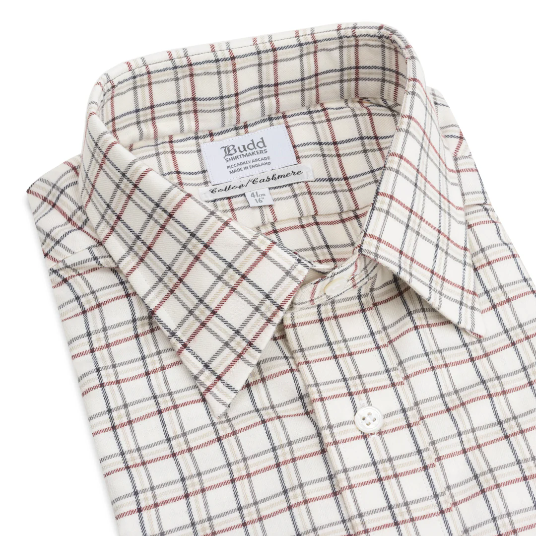 Classic Fit Farnham Check Cashmere and Cotton Shirt in Red - Image 2