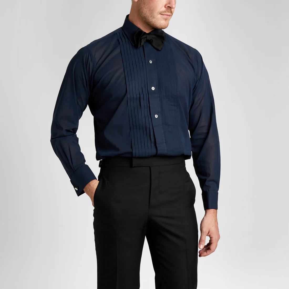 Classic Fit Hand Pleated Voile Double Cuff Dress Shirt in Navy - Image 7