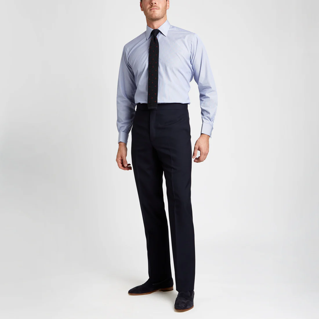 Classic Fit Neat Stripe Poplin Double Cuff Shirt in Navy - Image 5