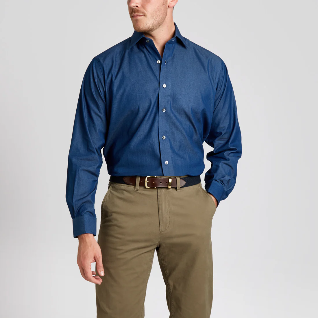 Classic Fit Plain Denim Button Cuff Shirt in Dark Blue - Image 6