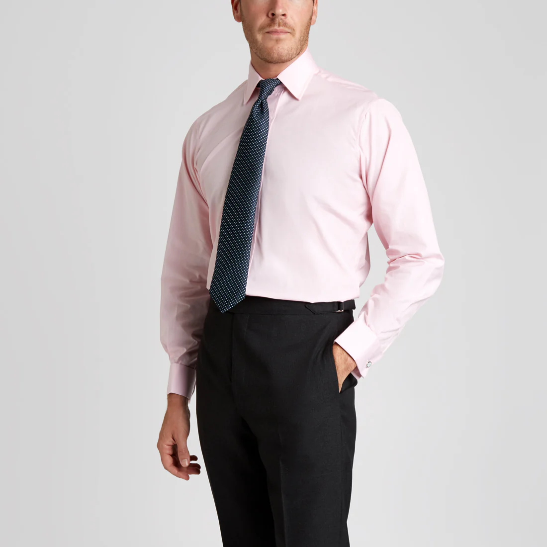 Classic Fit Plain End on End Double Cuff Shirt in Pink - Image 7