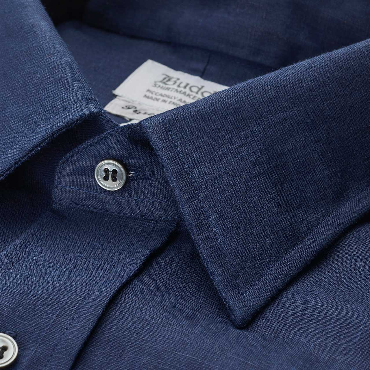 Classic Fit Plain Linen Button Cuff Shirt in Navy - Image 2