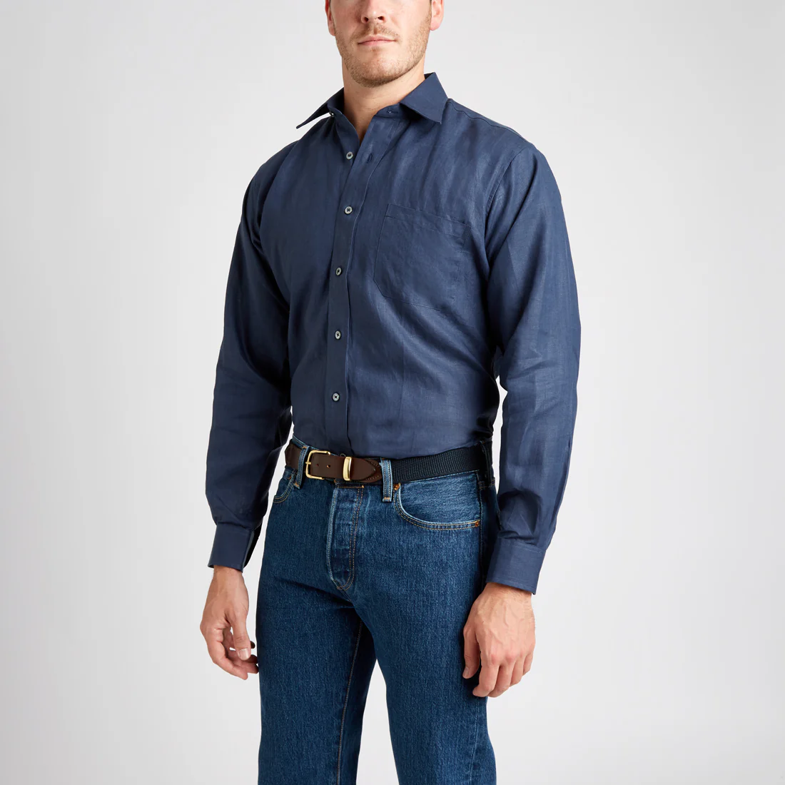 Classic Fit Plain Linen Button Cuff Shirt in Navy - Image 6