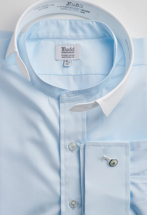 Classic Fit Plain Neckband Poplin Double Cuff Shirt in Sky Blue - Image 5