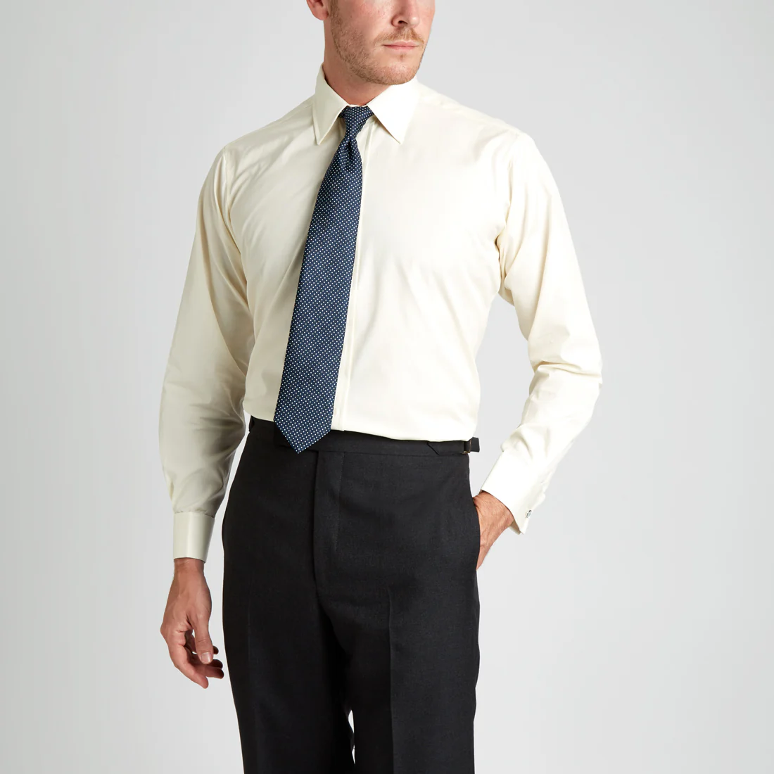 Classic Fit Plain Sea Island Cotton Double Cuff Shirt in Cream - Image 8
