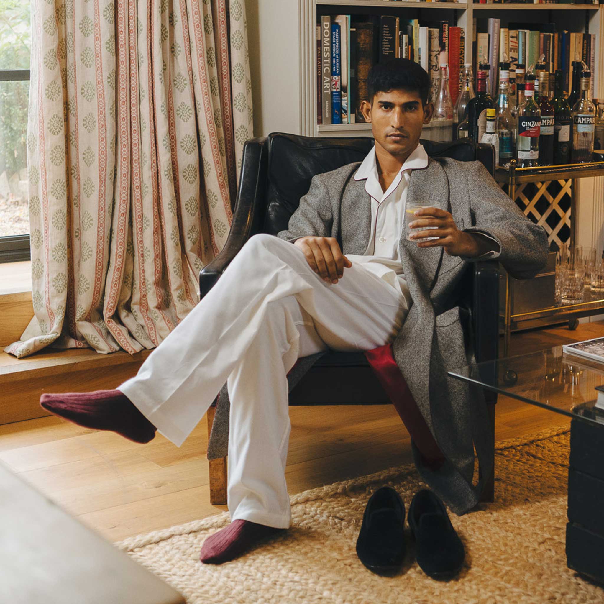 Cotton and Cashmere Classic Pyjamas in Cream and Wine - Image 2