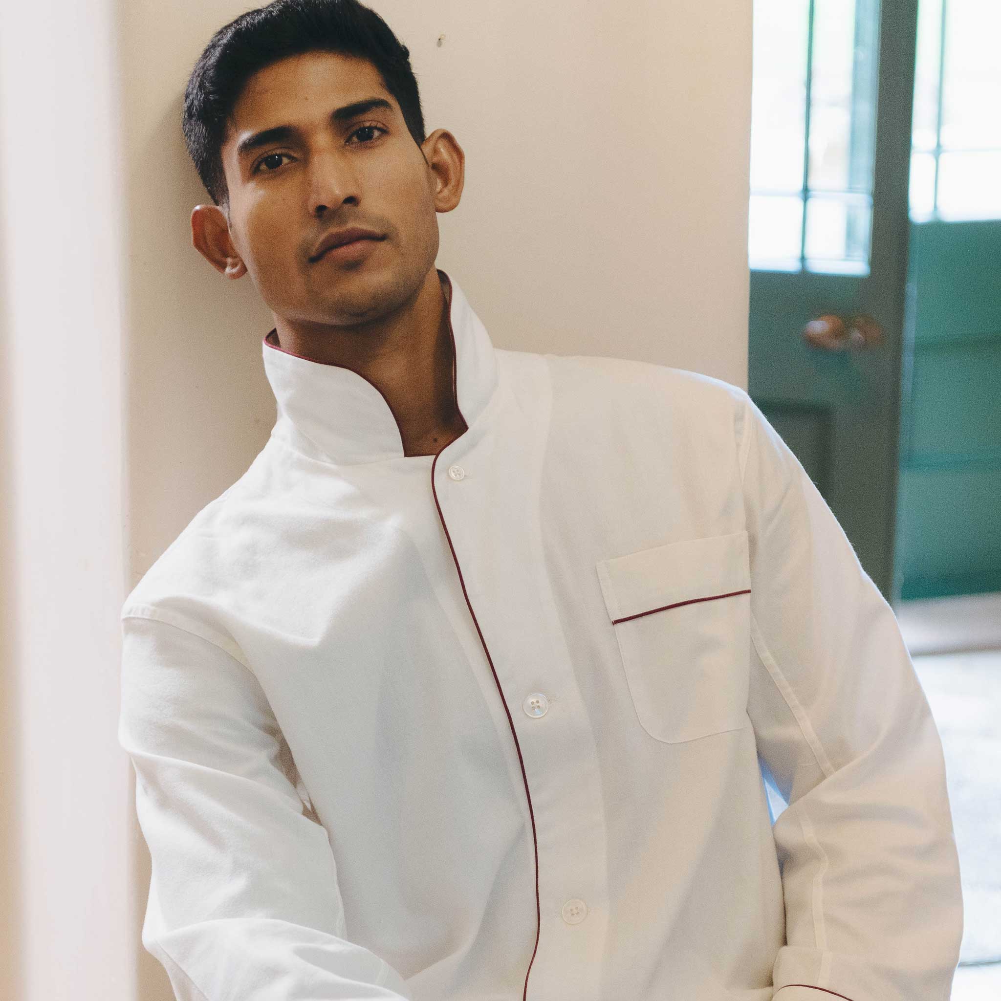 Cotton and Cashmere Classic Pyjamas in Cream and Wine - Image 7