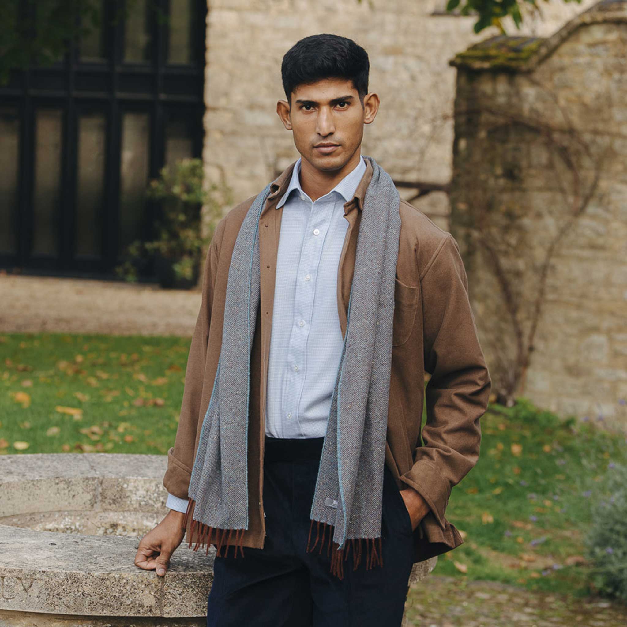 Donegal Herringbone Wool and Silk Scarf in Bramble Blue - Image 2