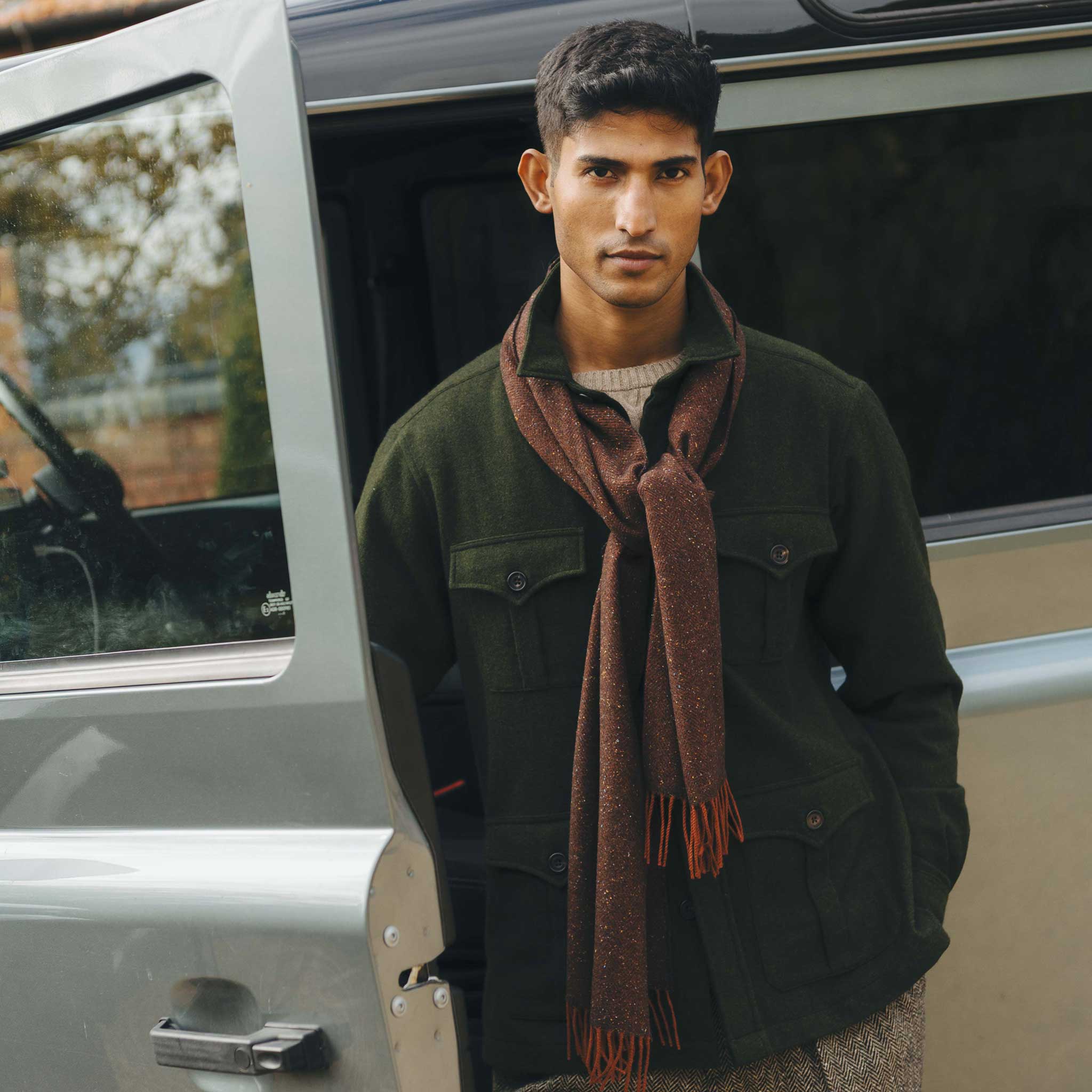 Donegal Herringbone Wool and Silk Scarf in Tawny Brown - Image 2