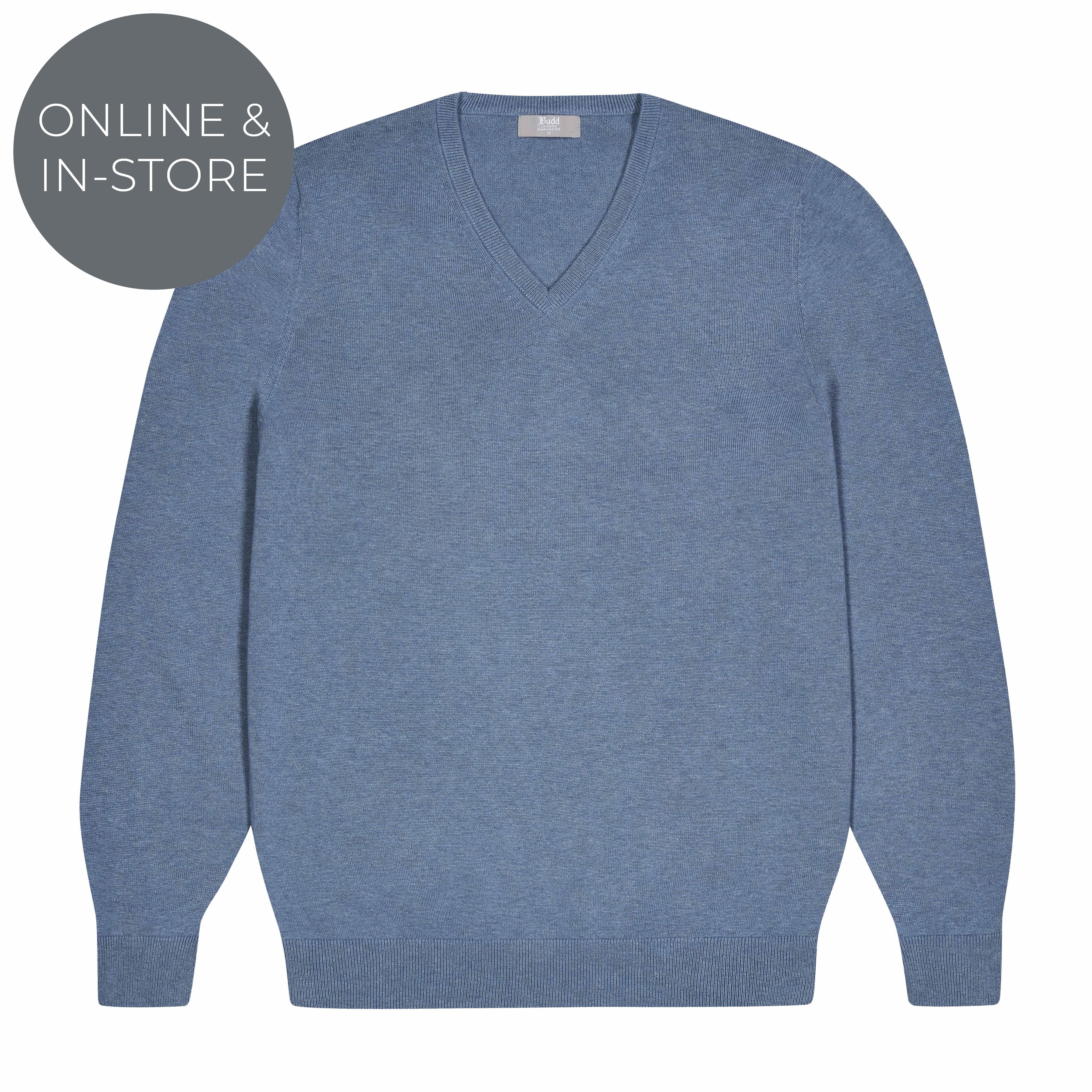 Drayton Cotton and Cashmere Fine Knit V-Neck Jumper in Carolina Blue