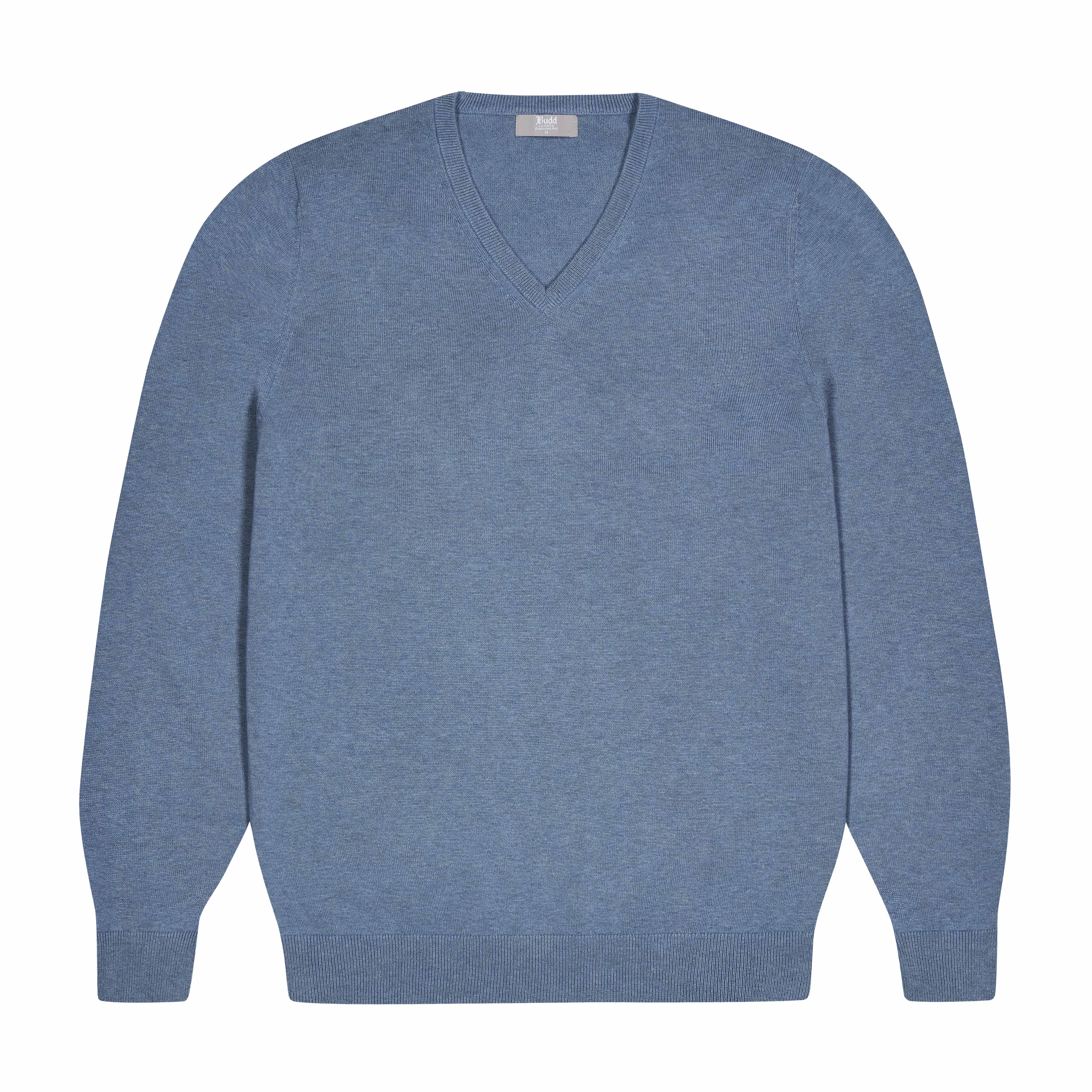 Drayton Cotton and Cashmere Fine Knit V-Neck Jumper in Carolina Blue - Image 2