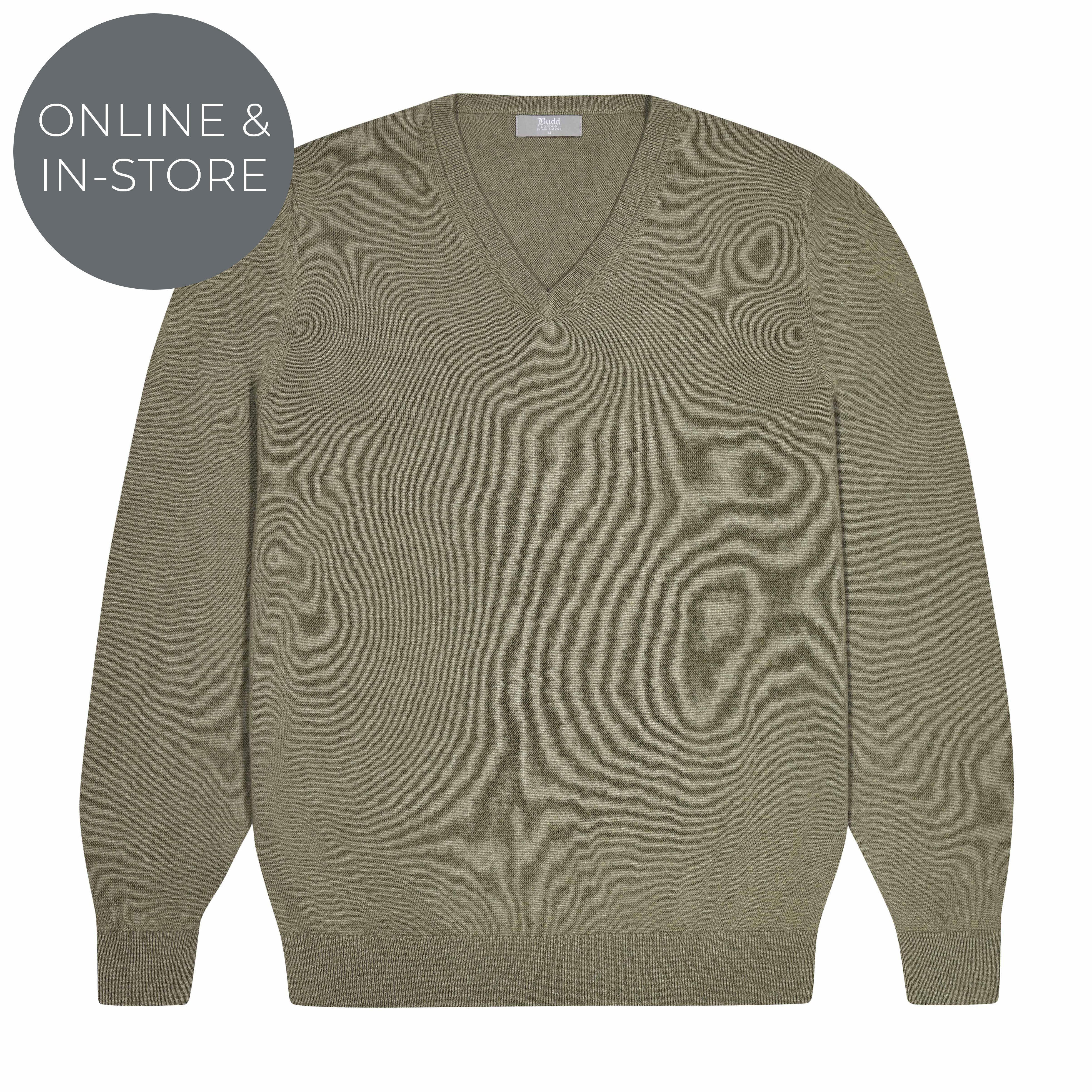 Drayton Cotton and Cashmere Fine Knit V-Neck Jumper in Laurel Green