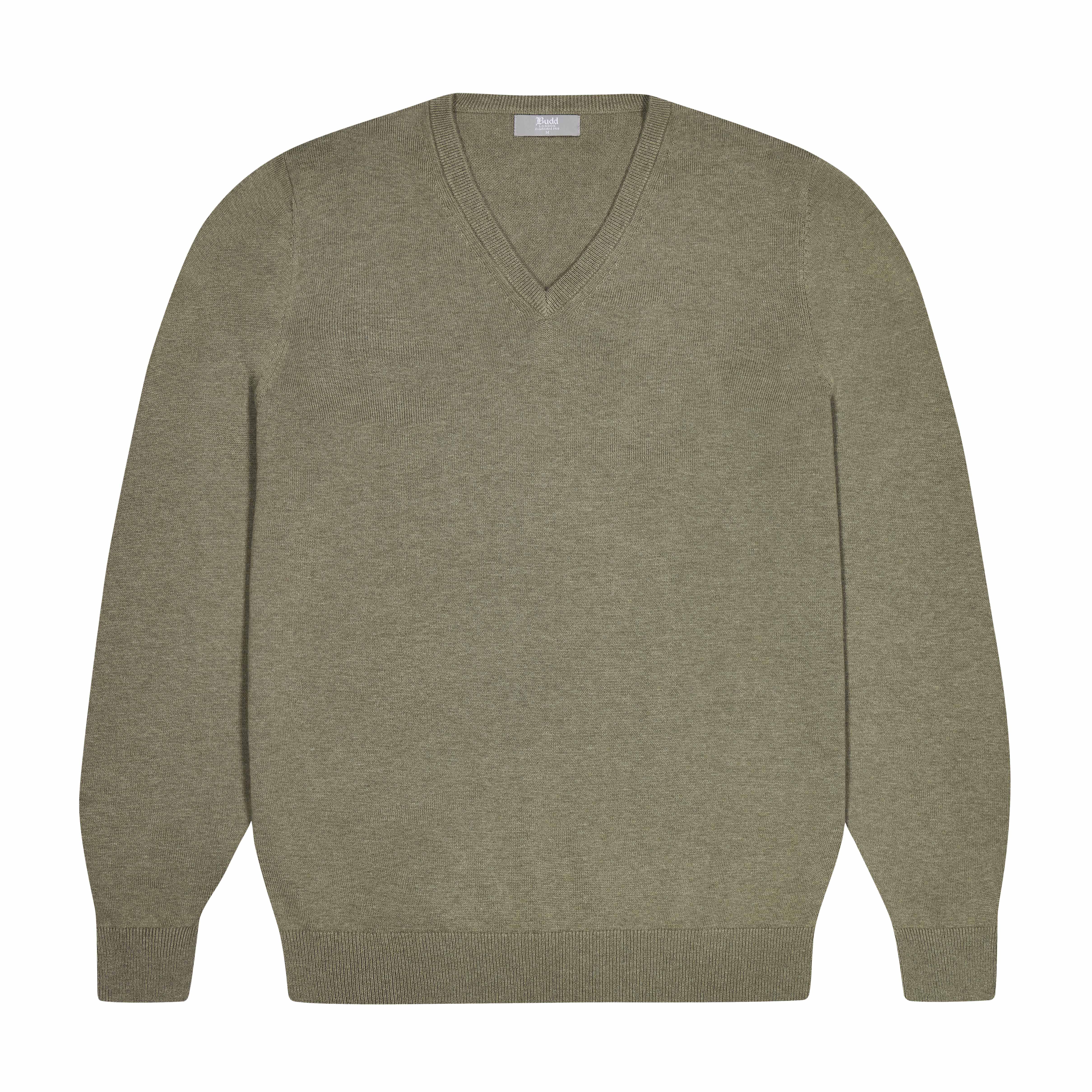 Drayton Cotton and Cashmere Fine Knit V-Neck Jumper in Laurel Green - Image 2