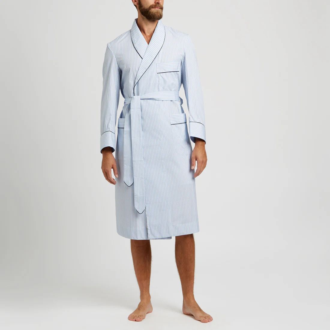 Exclusive Budd Stripe Cotton Dressing Gown in Sky Blue - Image 3