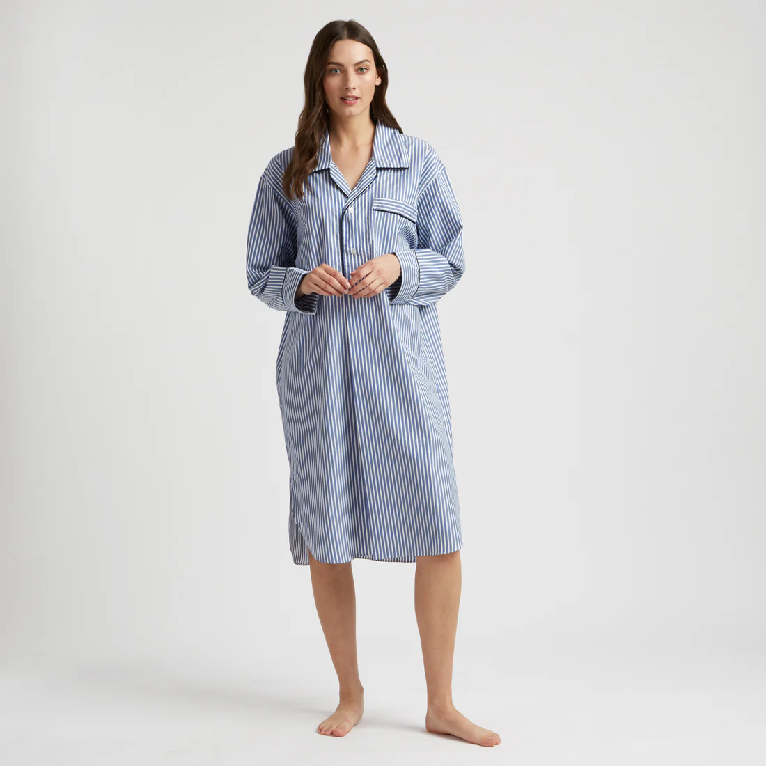 Exclusive Budd Stripe Cotton Nightshirt in Edwardian Blue - Image 4