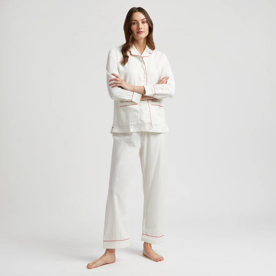 Exclusive Herringbone Cotton and Cashmere Women's Pyjamas in White and Red - Image 7