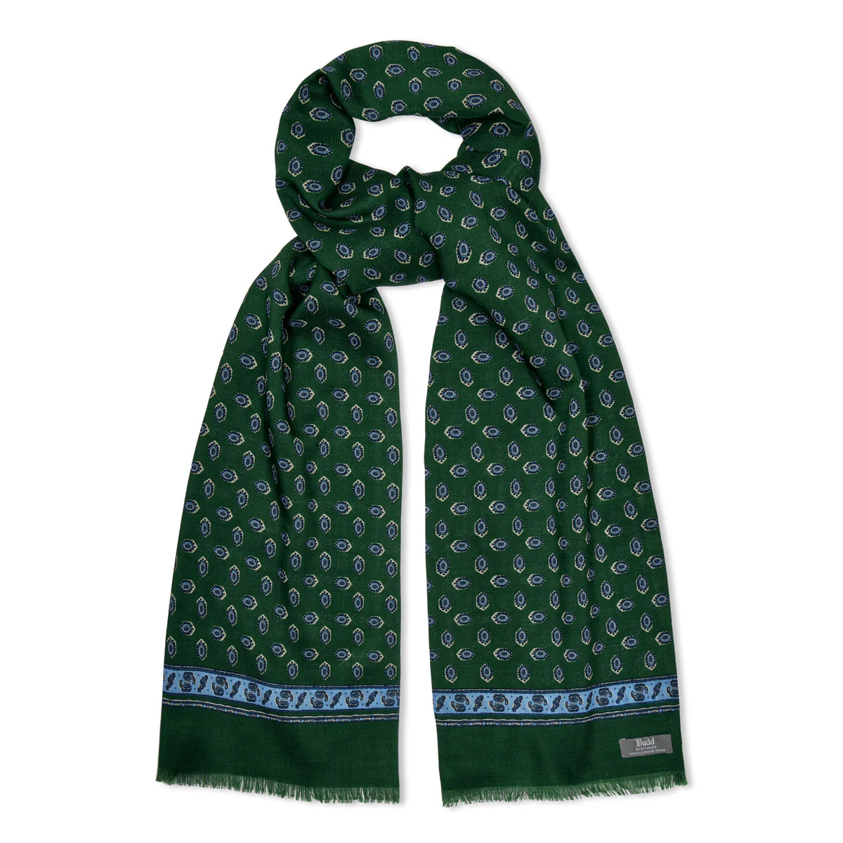 Geometric Motif Print Wool Silk Scarf in Green