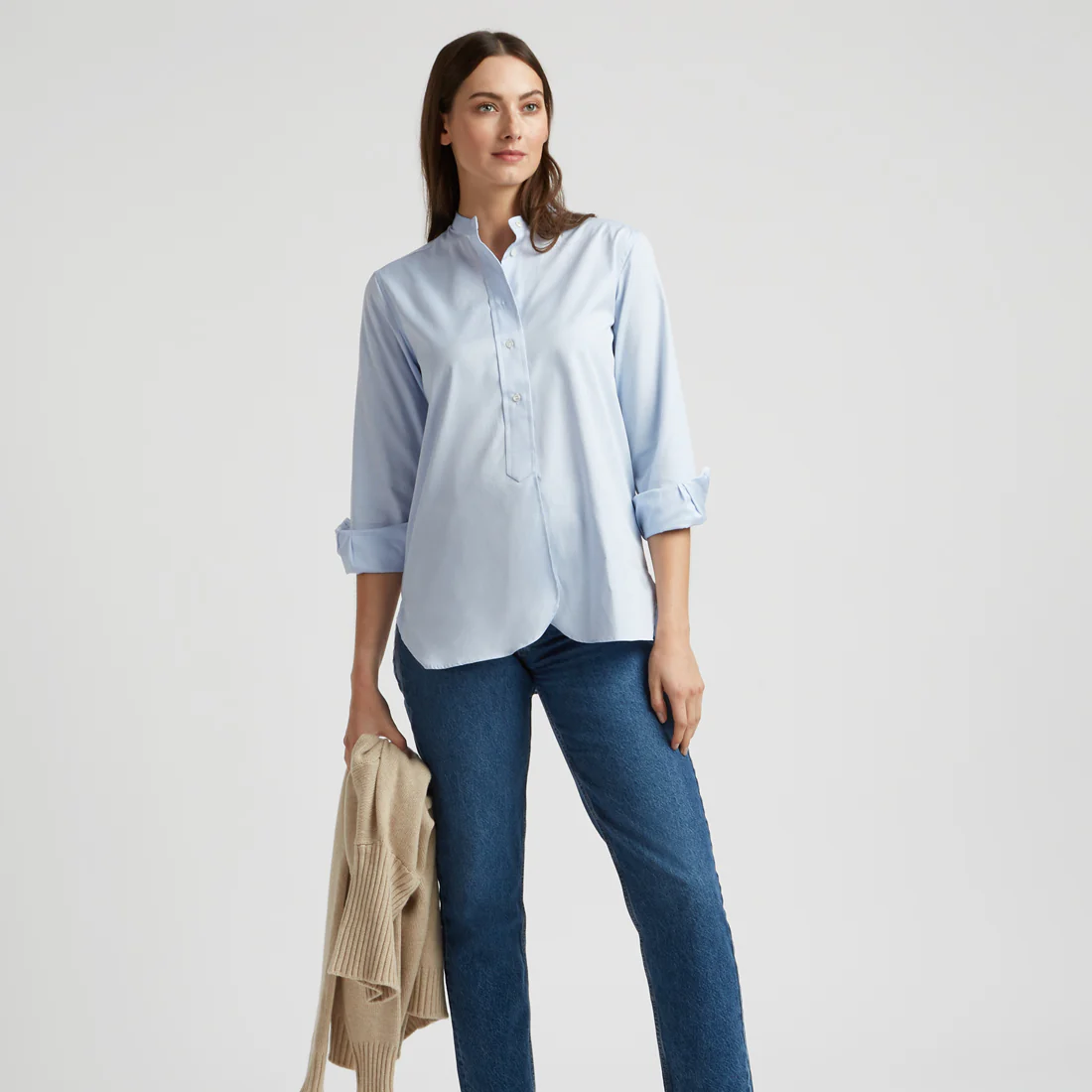 Grandad Pinpoint Button Cuff Shirt in Sky Blue - Image 4