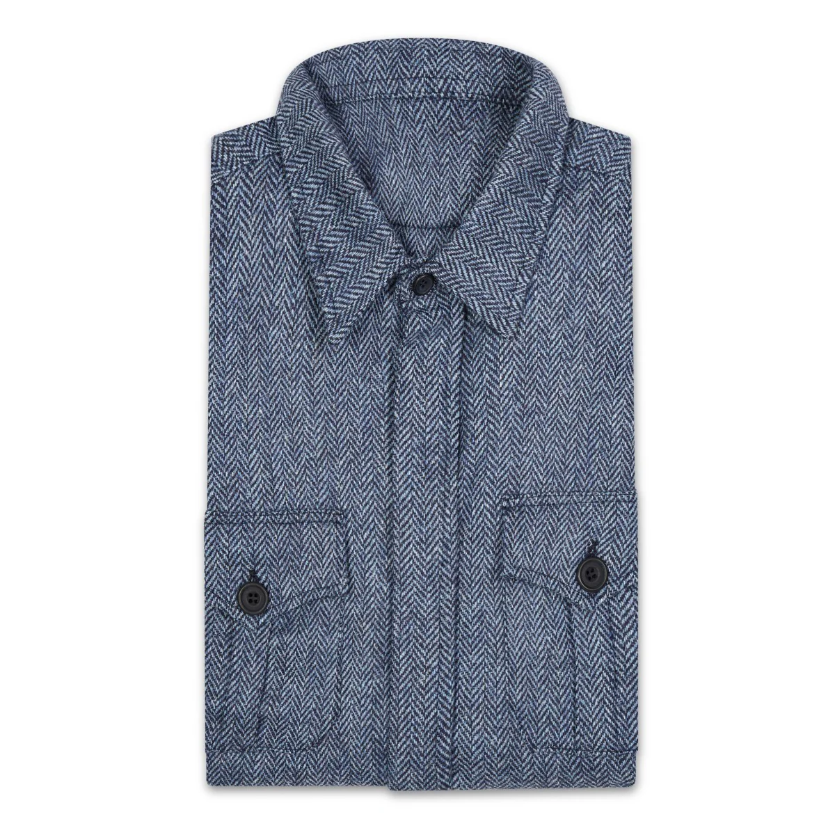 Herringbone Wool Tweed Button Cuff Safari Shirt in Blue - Image 2