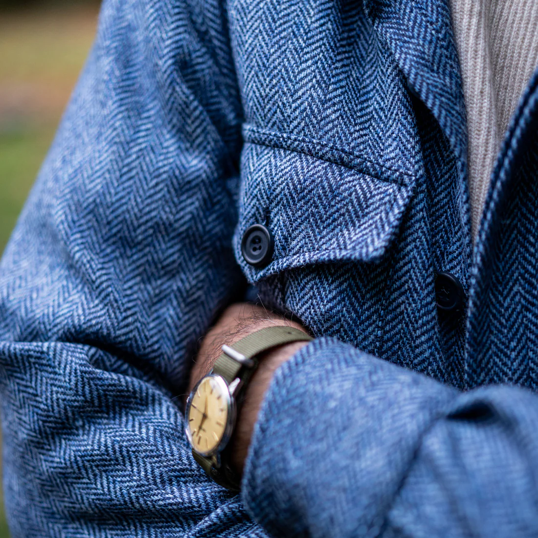 Herringbone Wool Tweed Button Cuff Safari Shirt in Blue - Image 5