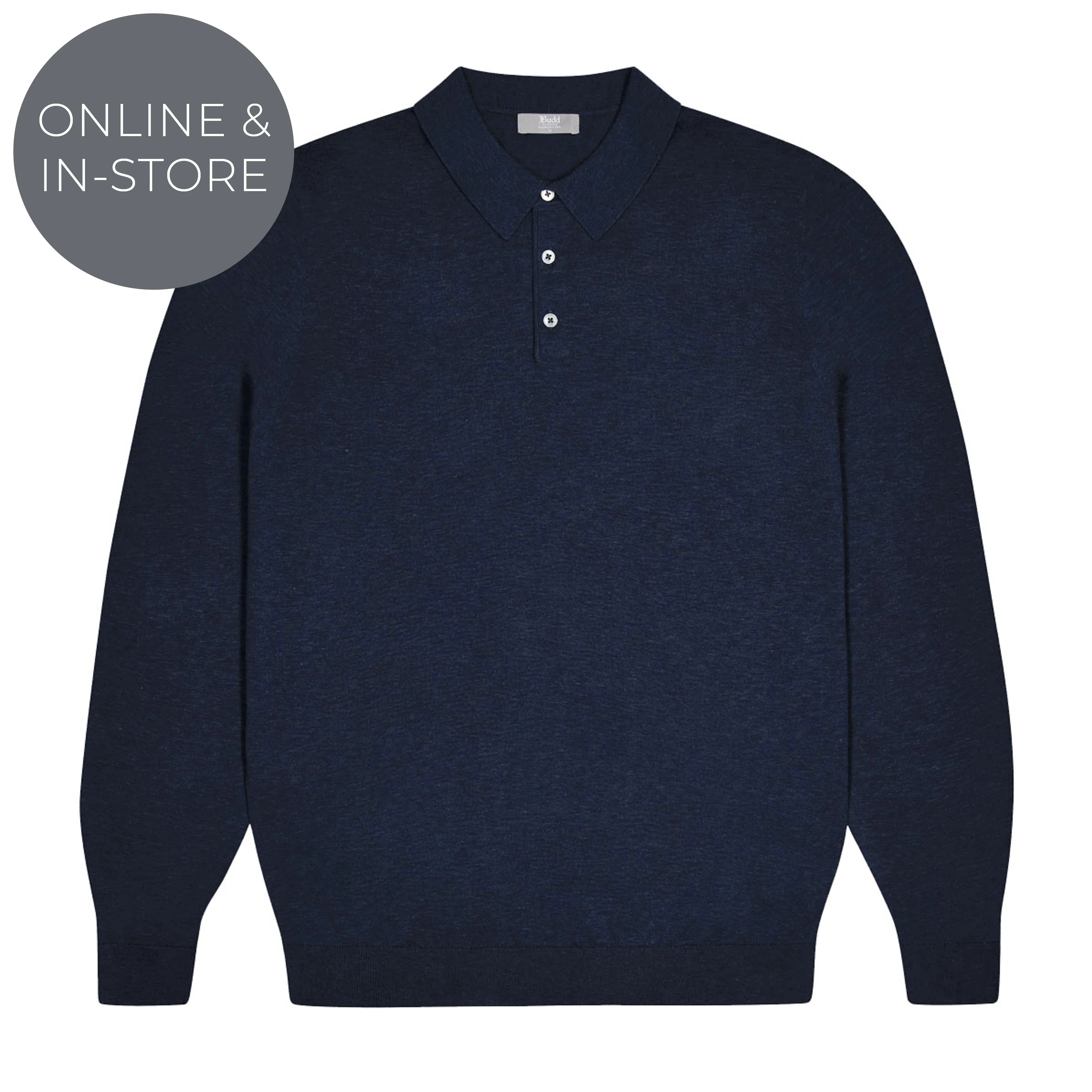 Holt Cotton Fine Knit Long Sleeve Polo Shirt in Navy