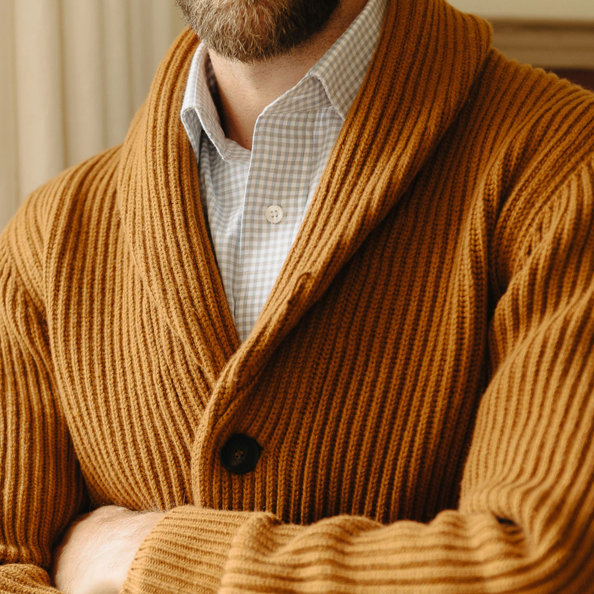 Huntley Cashmere Shawl Neck Ribbed Cardigan in Vintage Vicuna - Image 5