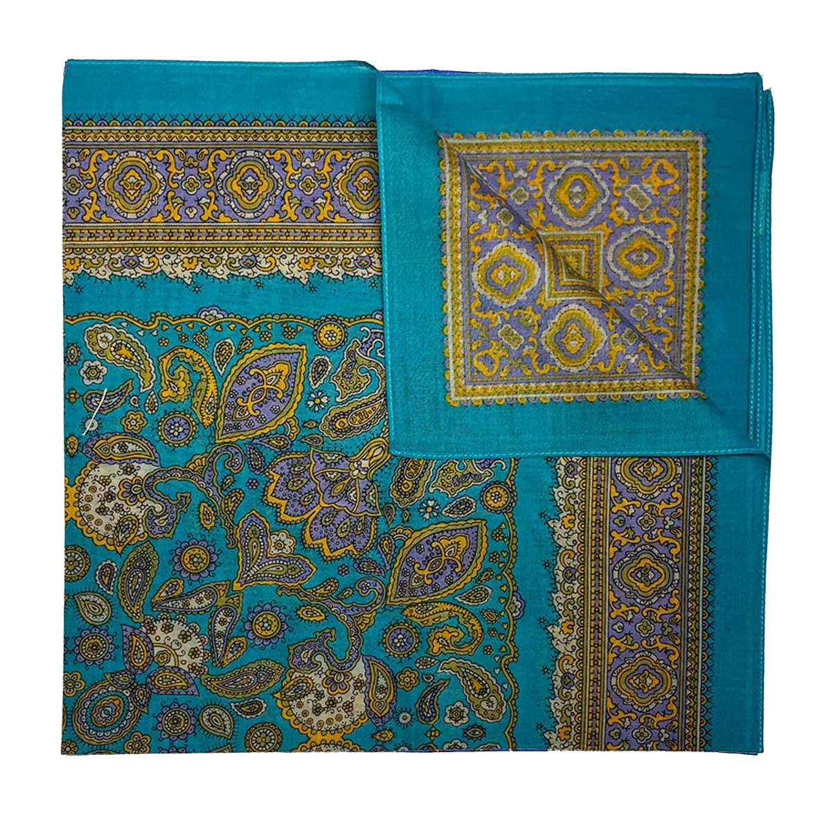 Italian Cotton Floral Paisley Handkerchief in Turquoise