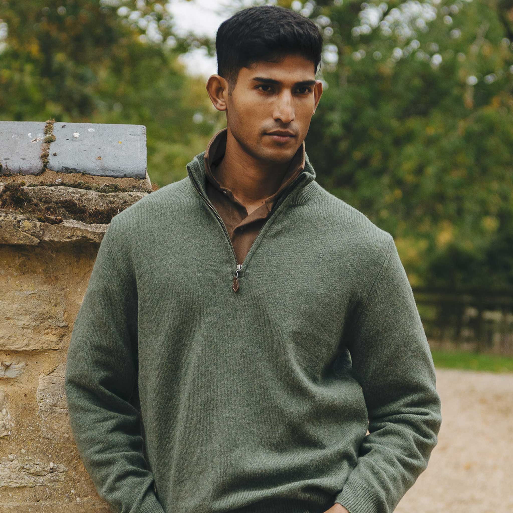 Kinloss Lambswool Quarter Zip Jumper in Tweed Green - Image 2