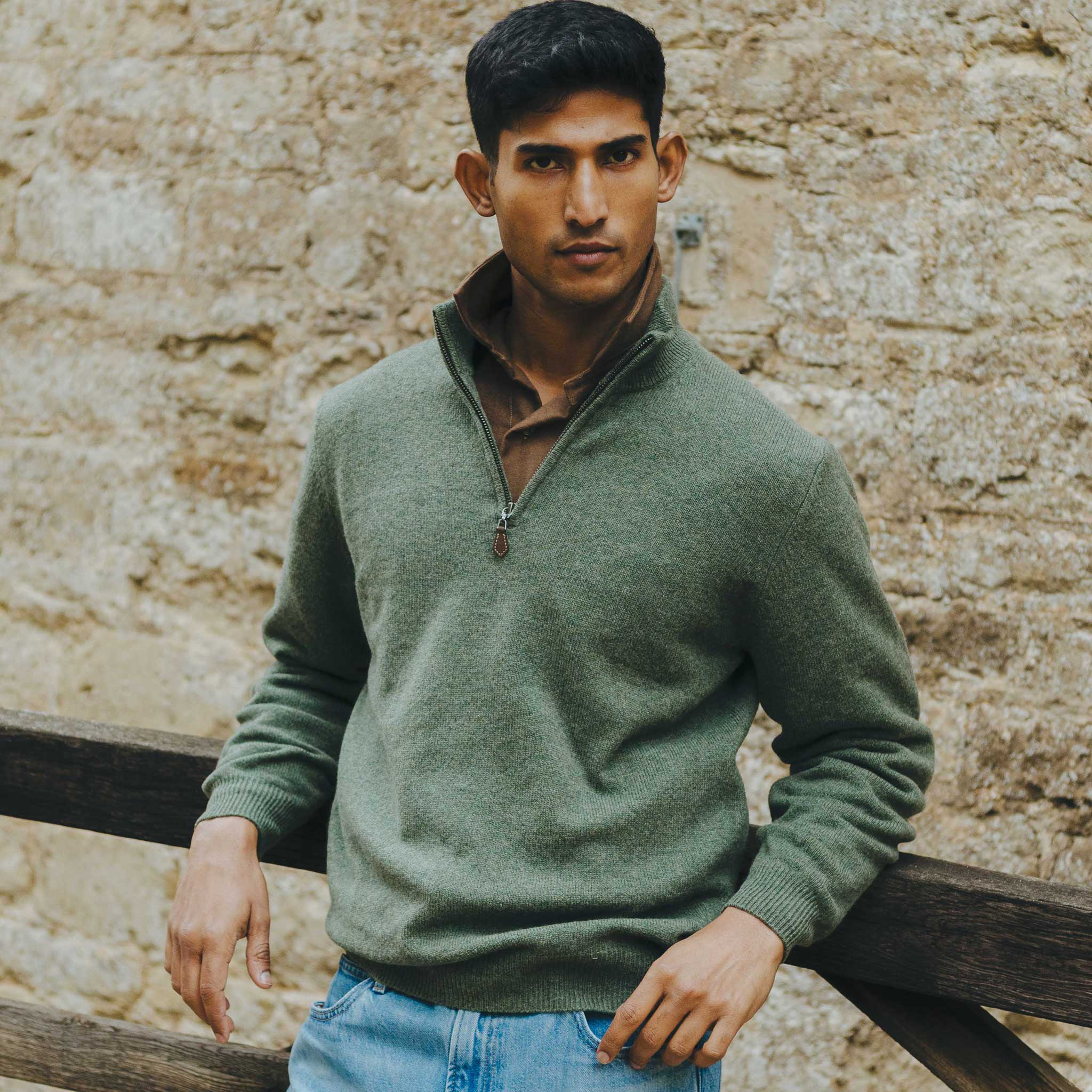 Kinloss Lambswool Quarter Zip Jumper in Tweed Green - Image 7