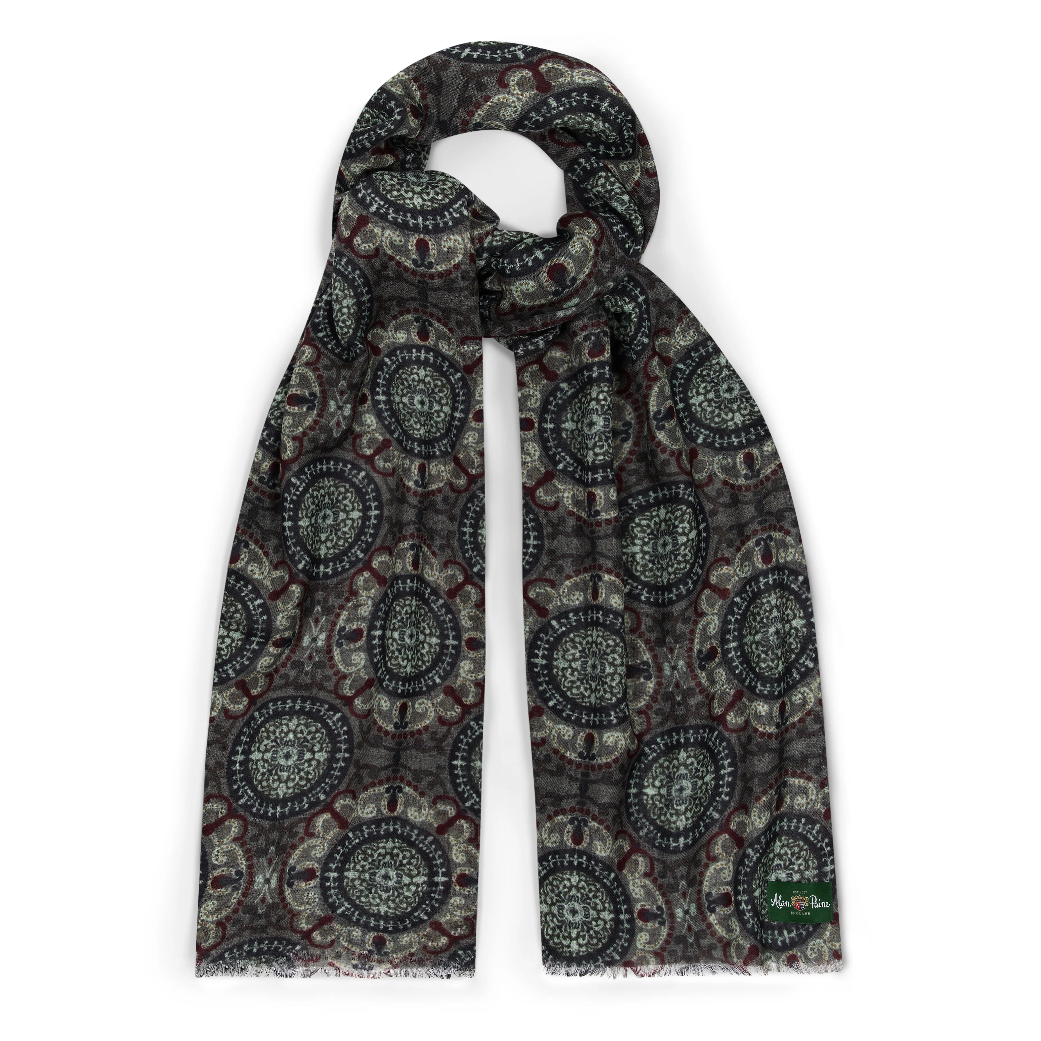 Large Medallion Fine Wool Scarf in Moss