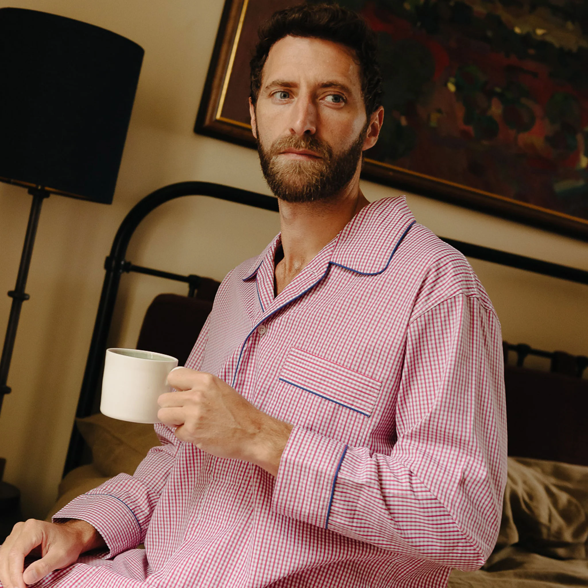 Men's Gingham Cotton Poplin Nightshirt in Red - Image 2