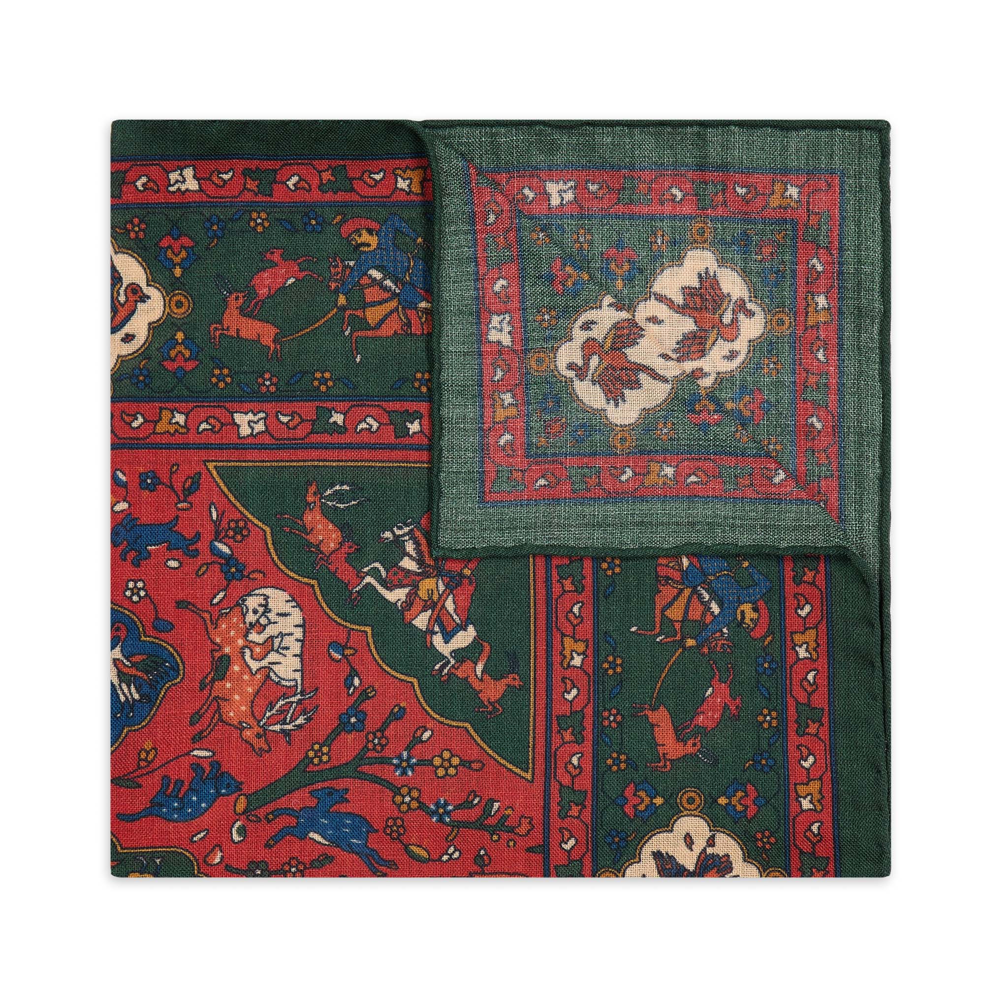 Mughal Hunt Silk and Wool Pocket Square in Green