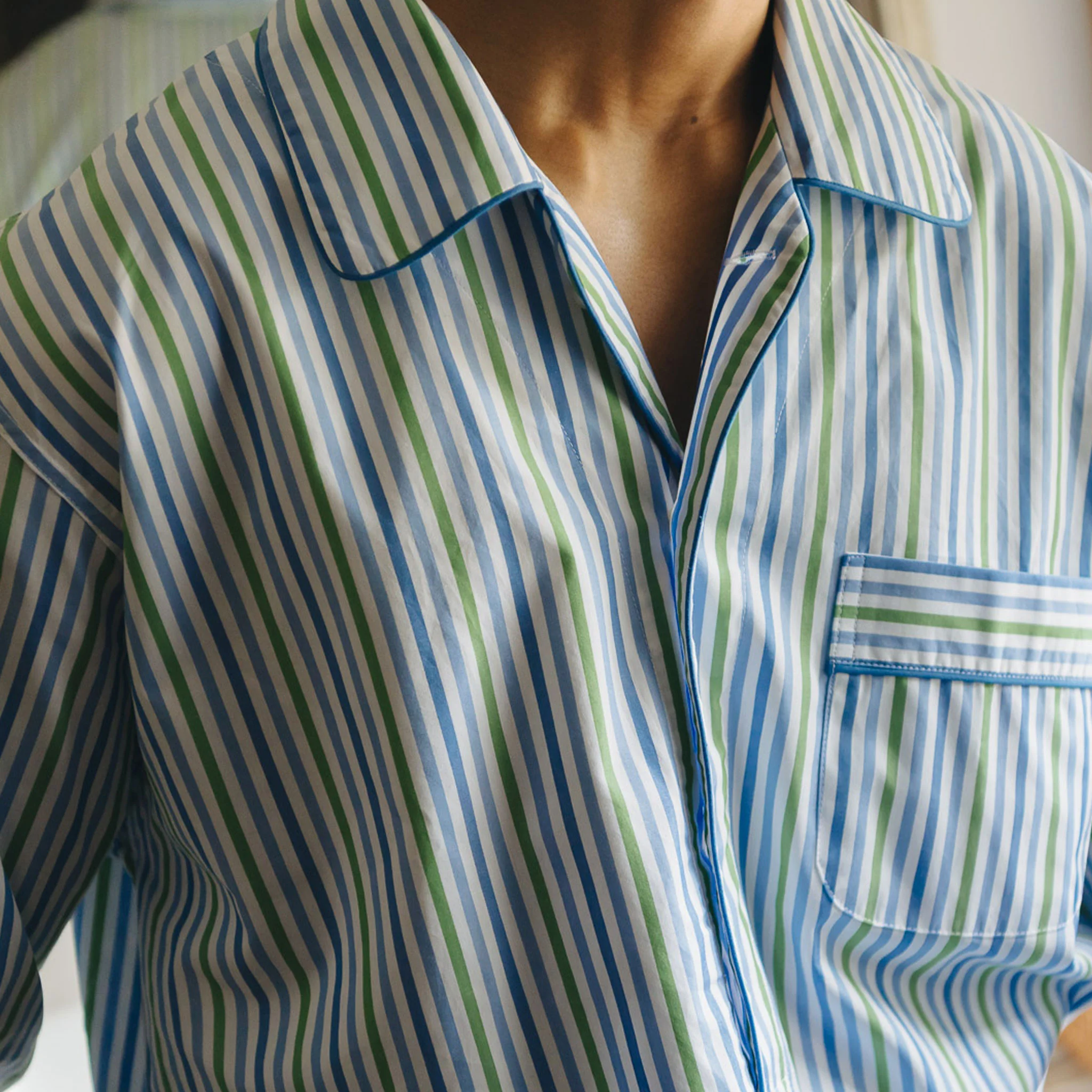 Multi Stripe Poplin Nightshirt in Blue and Green - Image 3