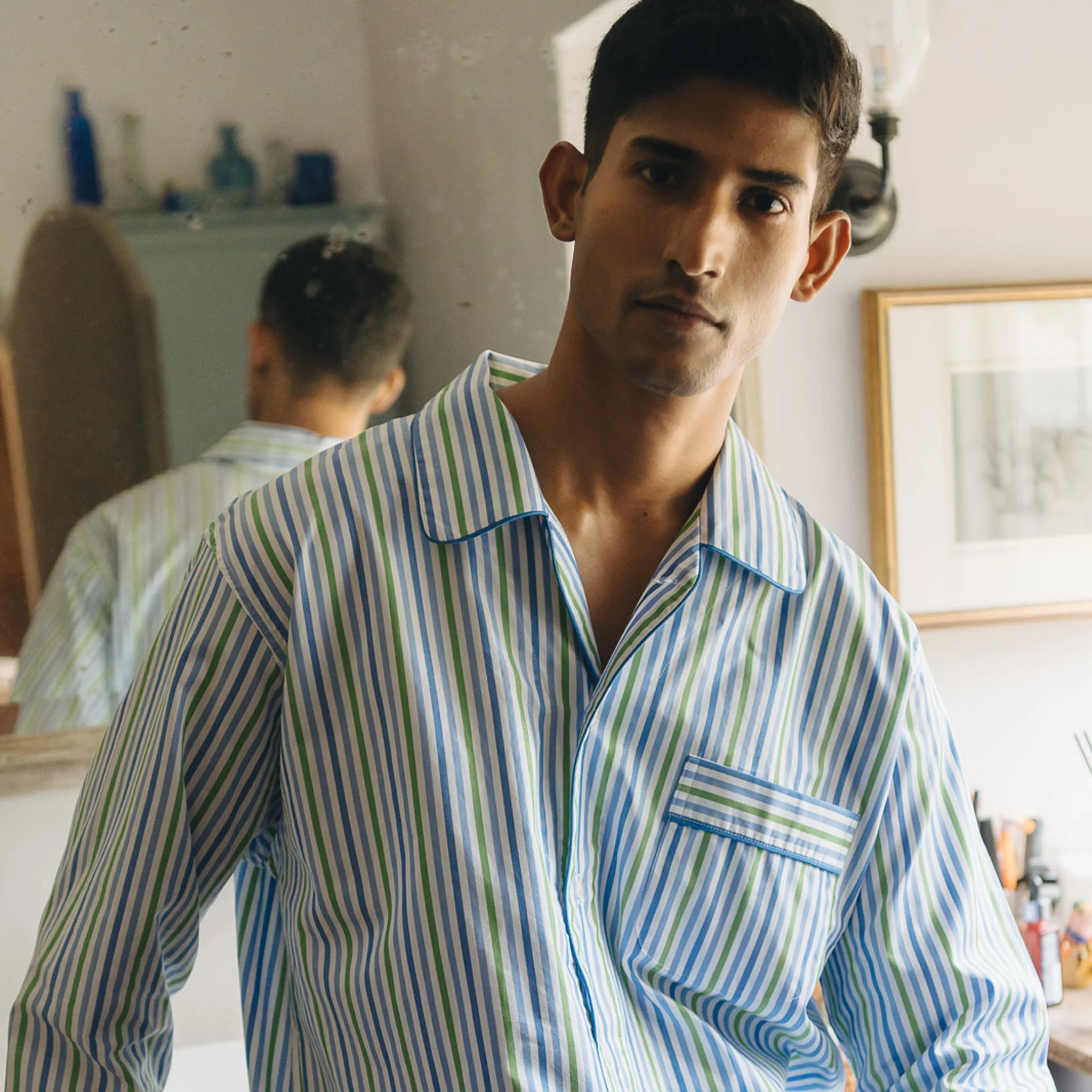 Multi Stripe Poplin Nightshirt in Blue and Green - Image 4