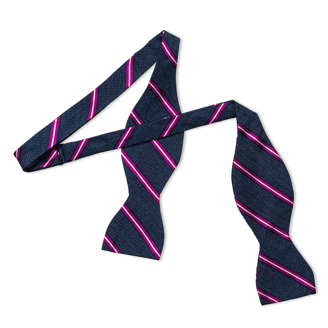 Multi-Stripe Tussah Silk Thistle Bow Tie in Magenta and White - Image 2