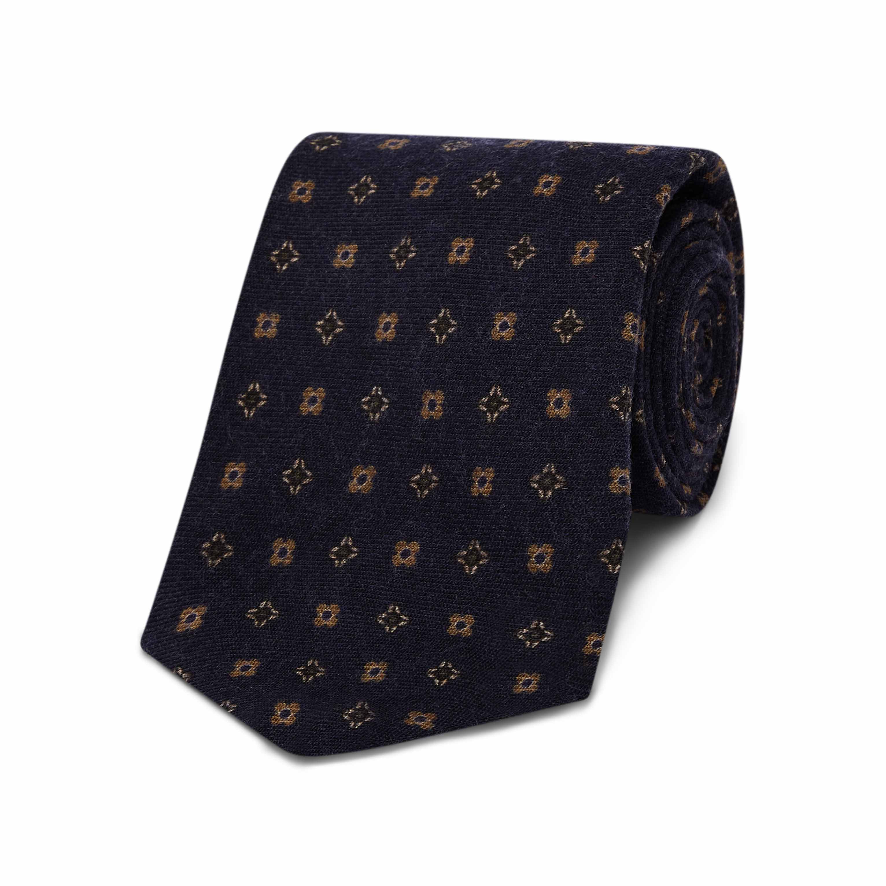 Neat Floral Design Wool Tie in Navy