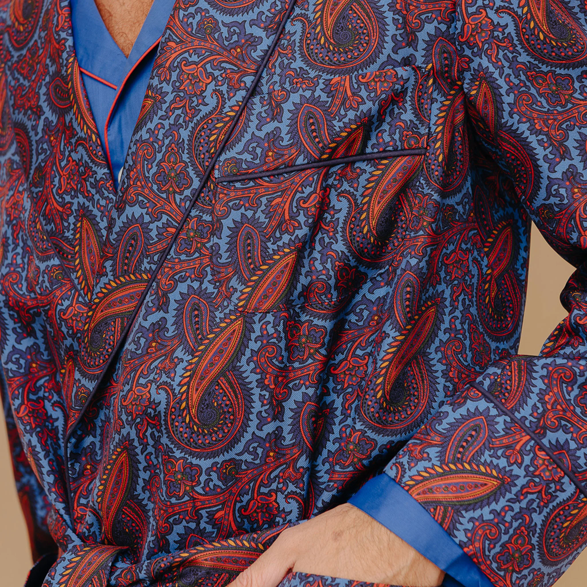 Ornate Paisley Madder Silk Dressing Gown in Azure - Image 4