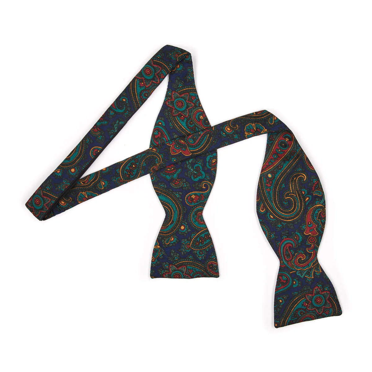 Paisley Madder Silk Adjustable Bow Tie in Navy and Green - Image 2