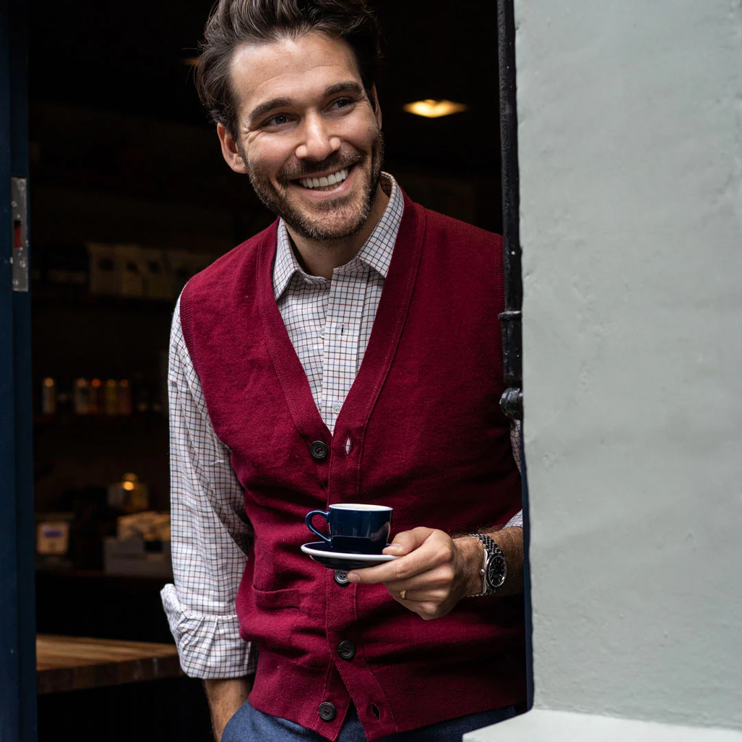 Wilton Scottish Cashmere Sleeveless Cardigan in Claret - Image 2