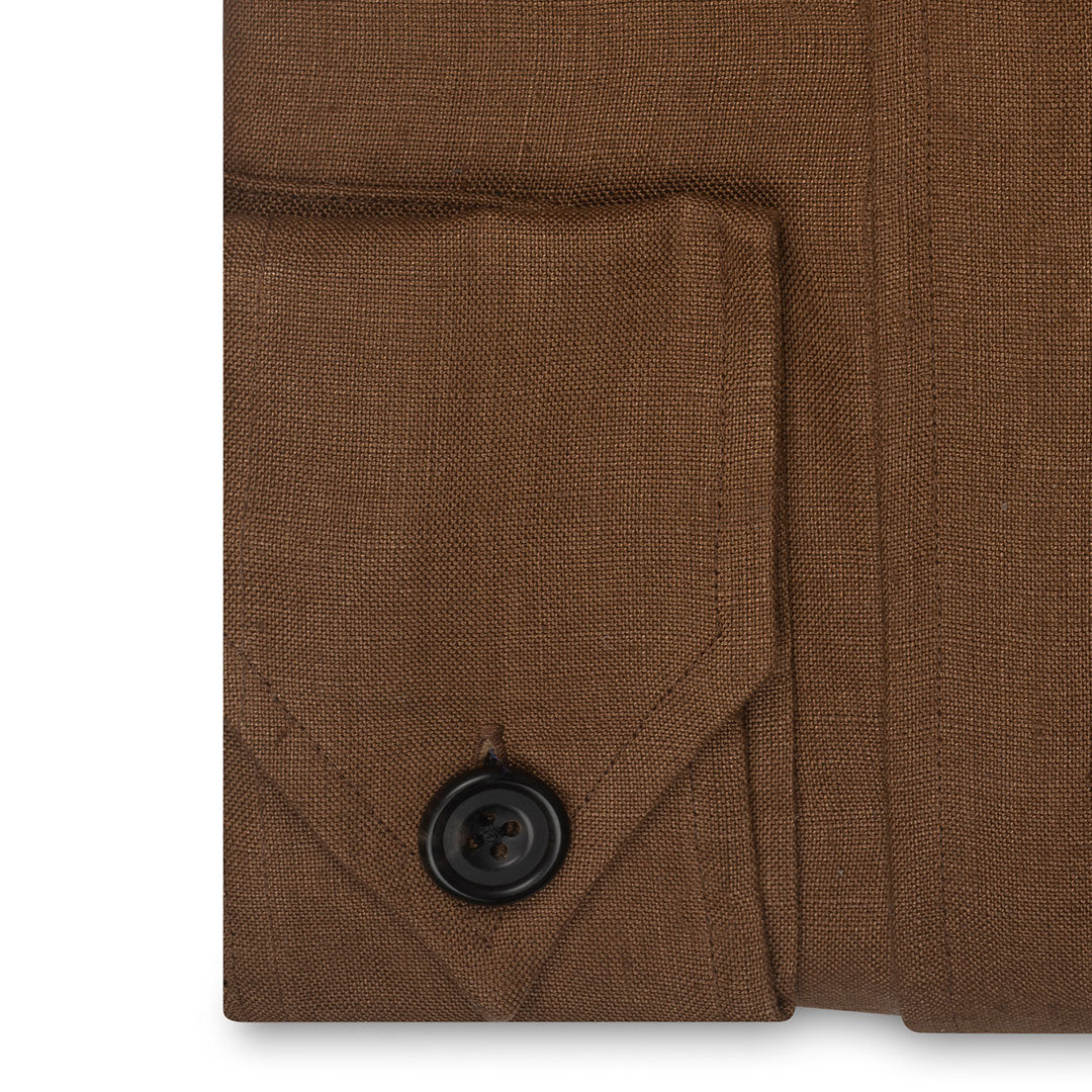Plain Linen Button Cuff Safari Shirt in Tobacco Brown - Image 3