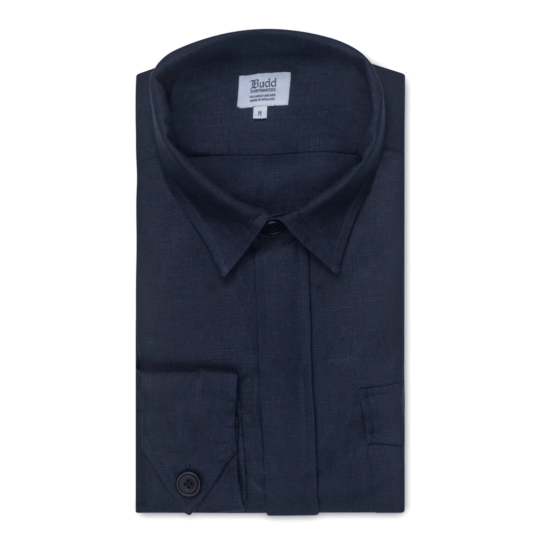 Plain Linen Button Cuff Safari Shirt in Navy - Image 4