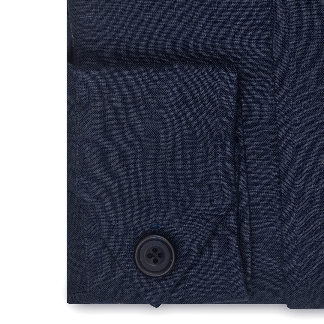 Plain Linen Button Cuff Safari Shirt in Navy - Image 6