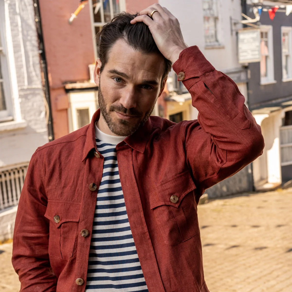 Plain Linen Button Cuff Safari Shirt in Terracotta Red - Image 5