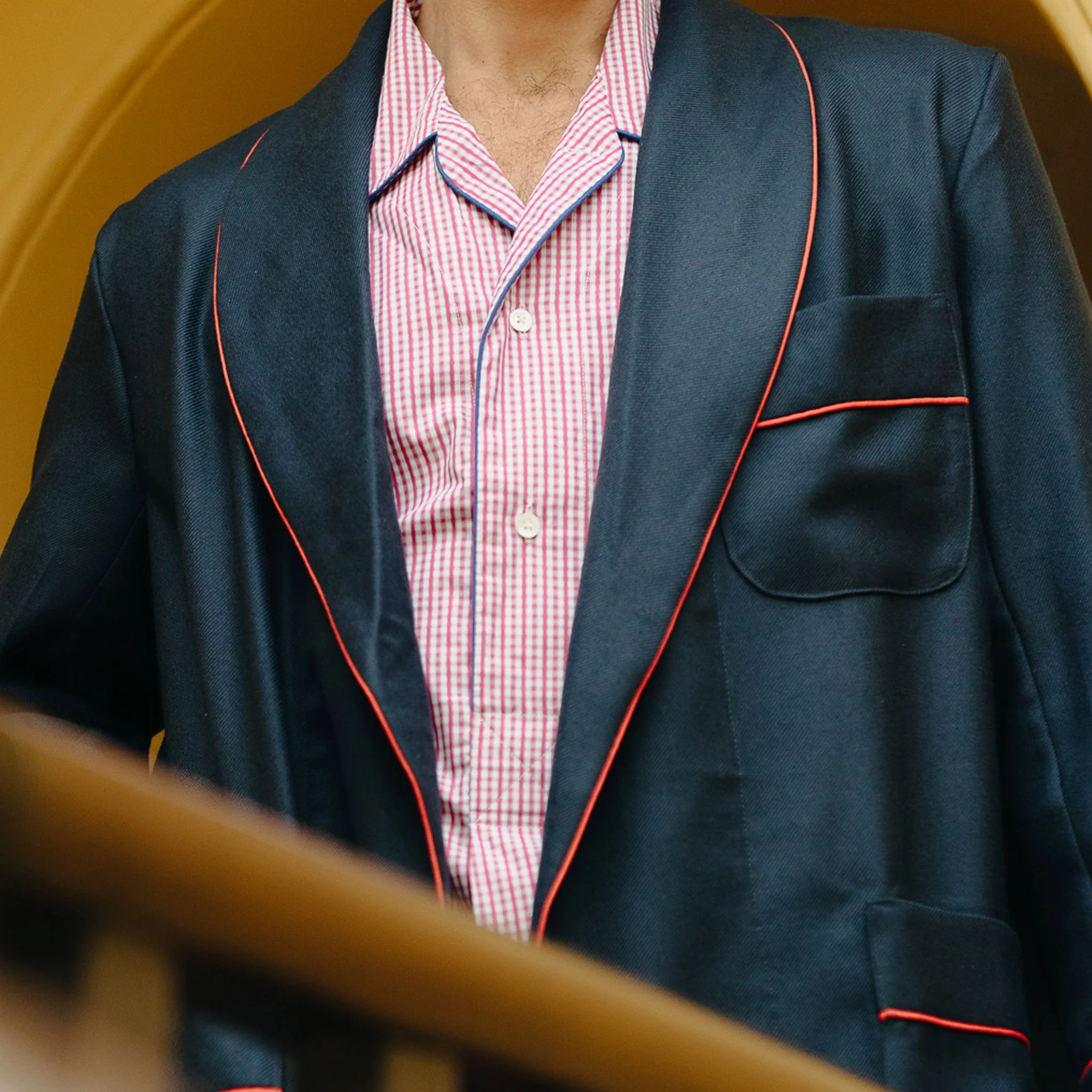 Plain Wool Dressing Gown in Navy and Red - Image 4